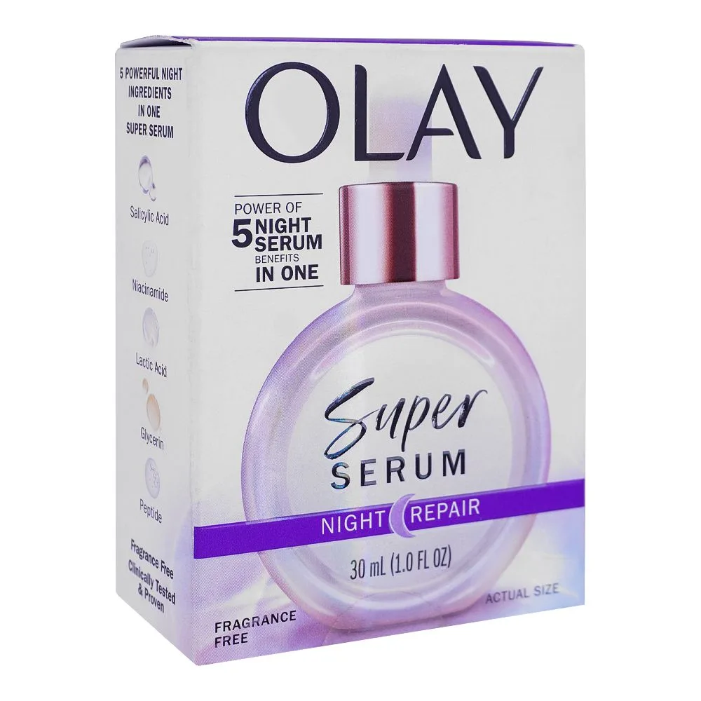 Side view of olay 5in1 benefit night repair super serum with niacinamide, glycerin, peptide, salicylic & lactic acid, 30ml