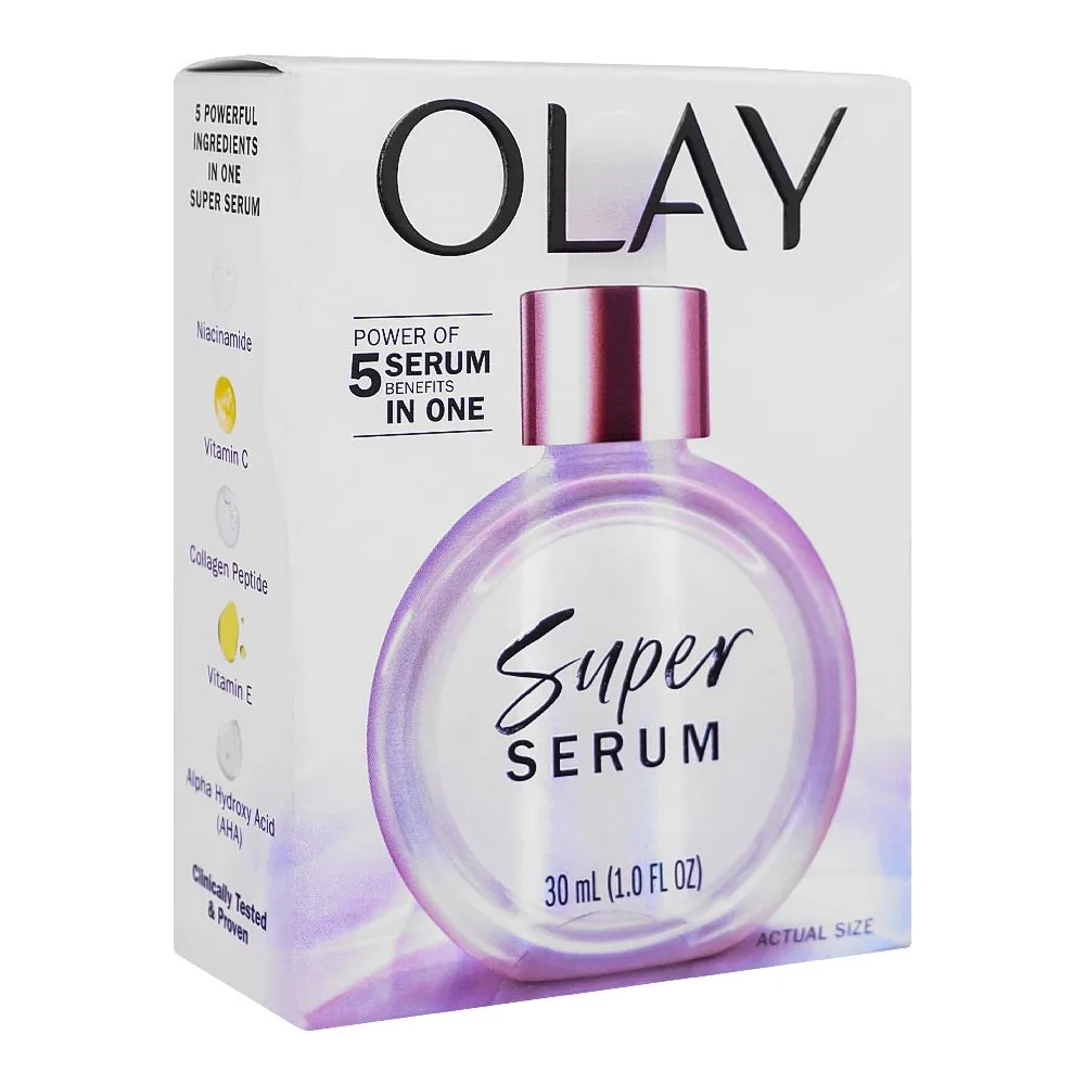 Side view of olay 5in1 benefit super serum with niacinamide, collagen peptide, aha, vitamin c & e, 30ml