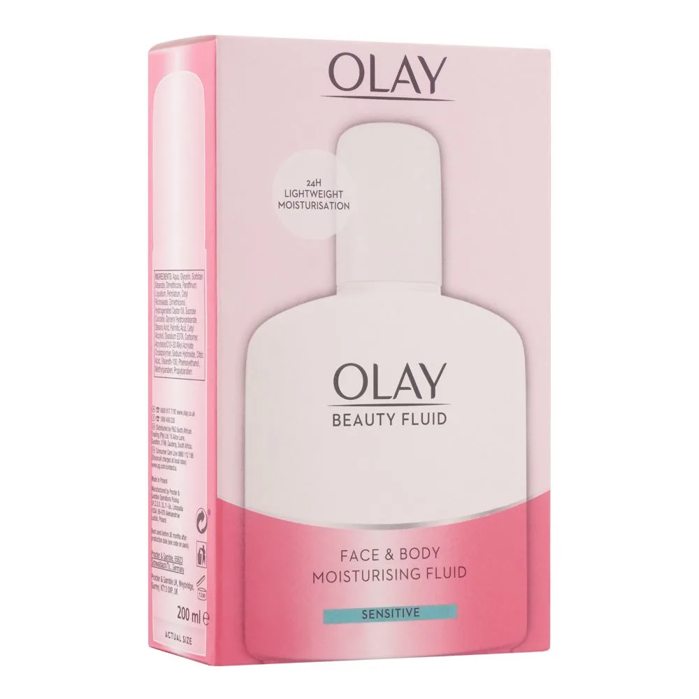 Side view of olay beauty fluid moisturiser sensitive face & body fluid, 200ml