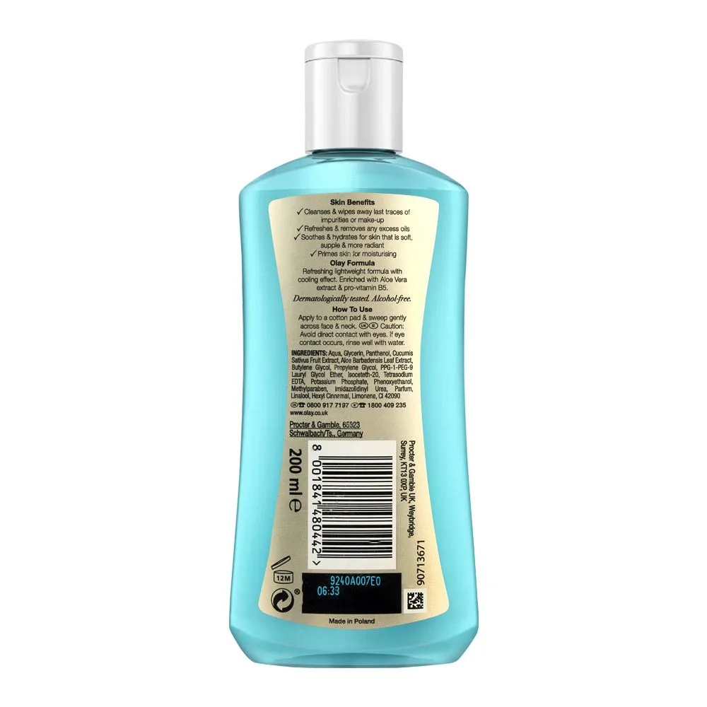 Side view of olay cleanse refresh & glow cleansing toner, for all skin types, aloe vera + pro-vitamin b5, 200ml