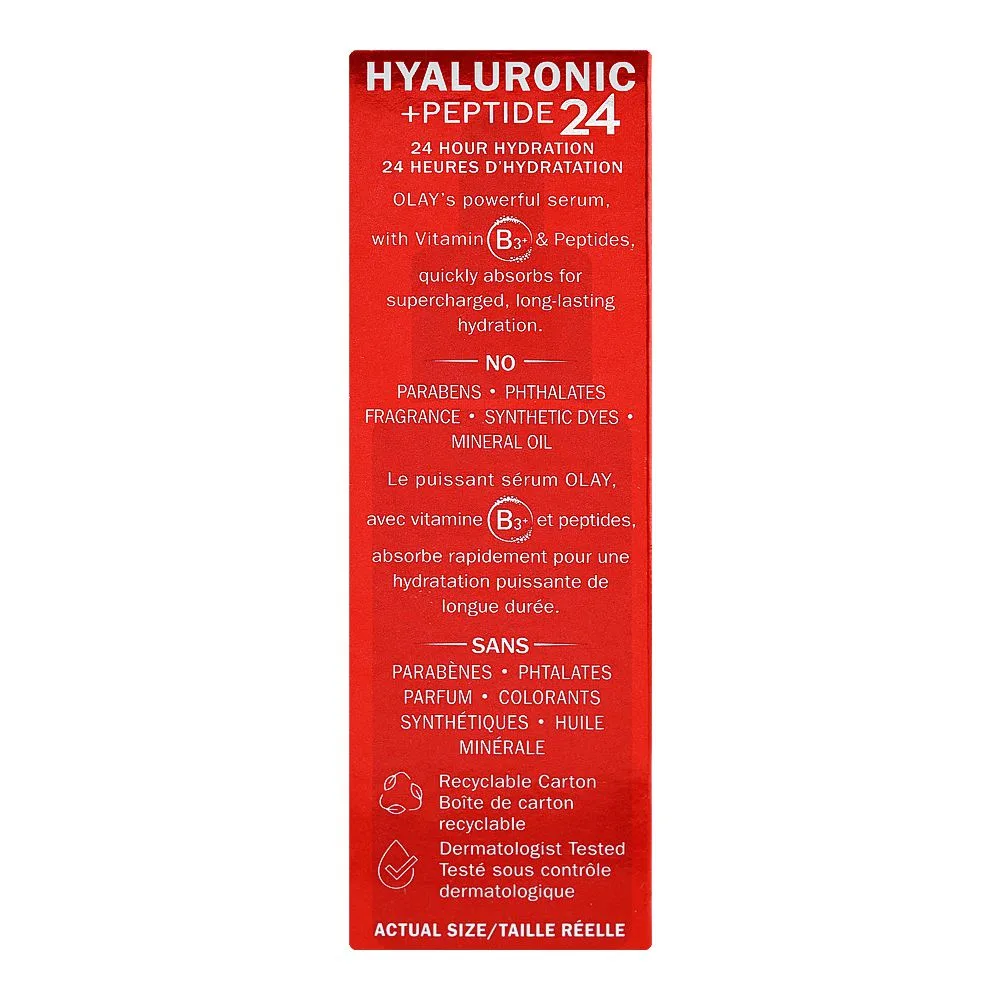 Side view of olay hyaluronic + peptide 24 fragrance free hydrating serum, 40ml