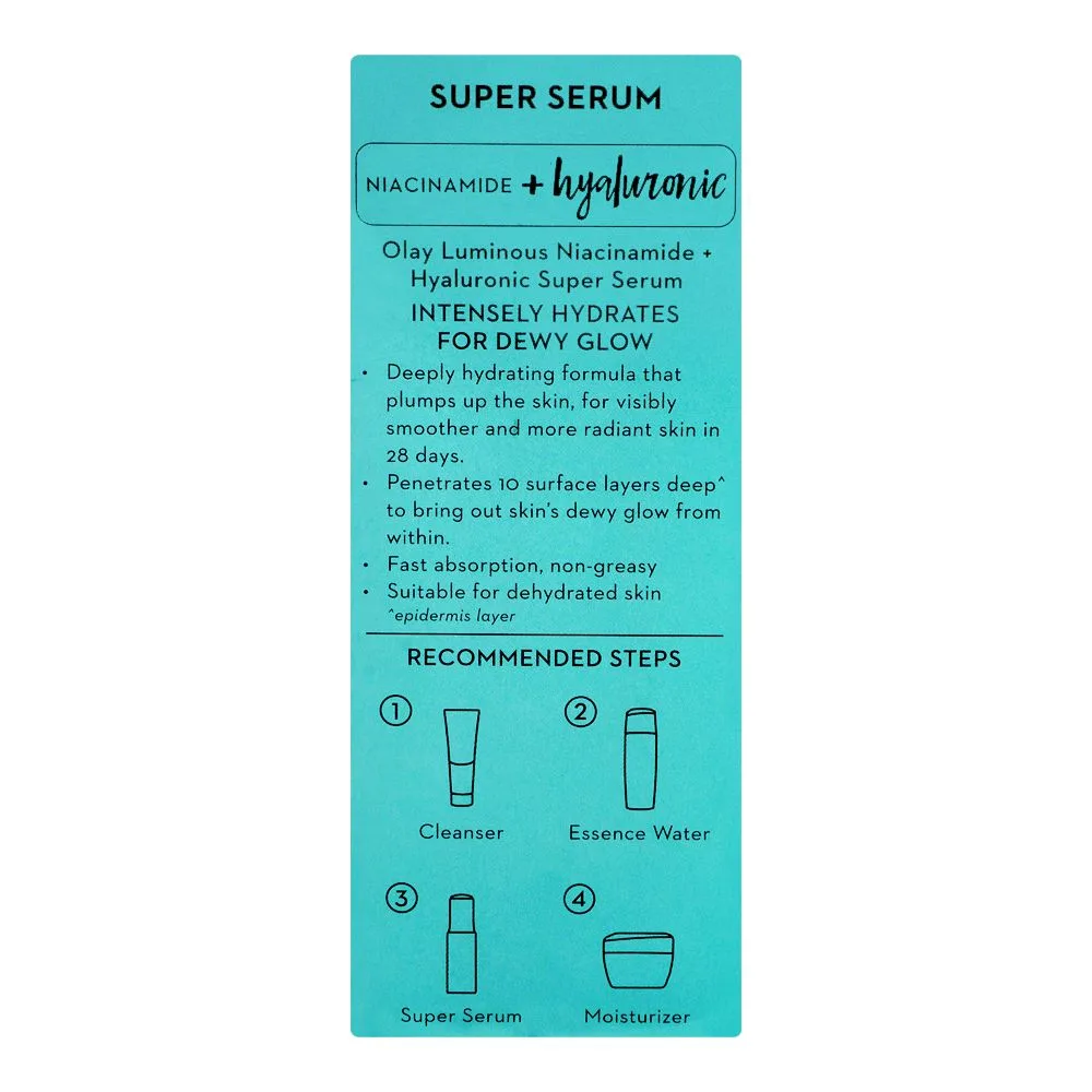 Side view of olay luminous niacinamide + hyaluronic super serum, 30ml