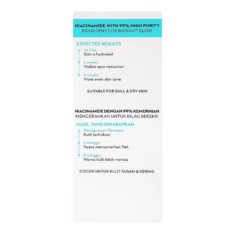 Side view of olay luminous niacinamide super serum, vitamin e, glycerin, for even skin tone, 30ml
