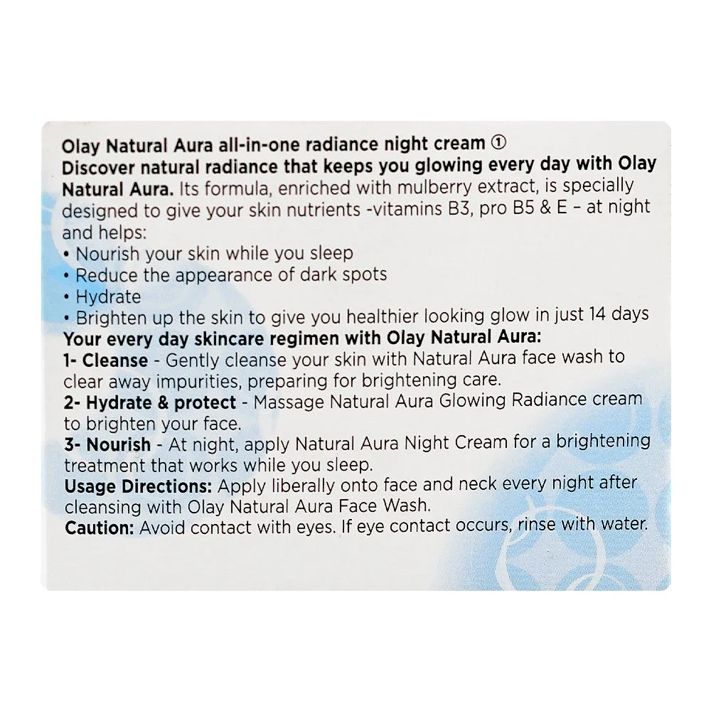 Side view of olay natural aura all-in-one radiance with mulberry extract night cream, 50g
