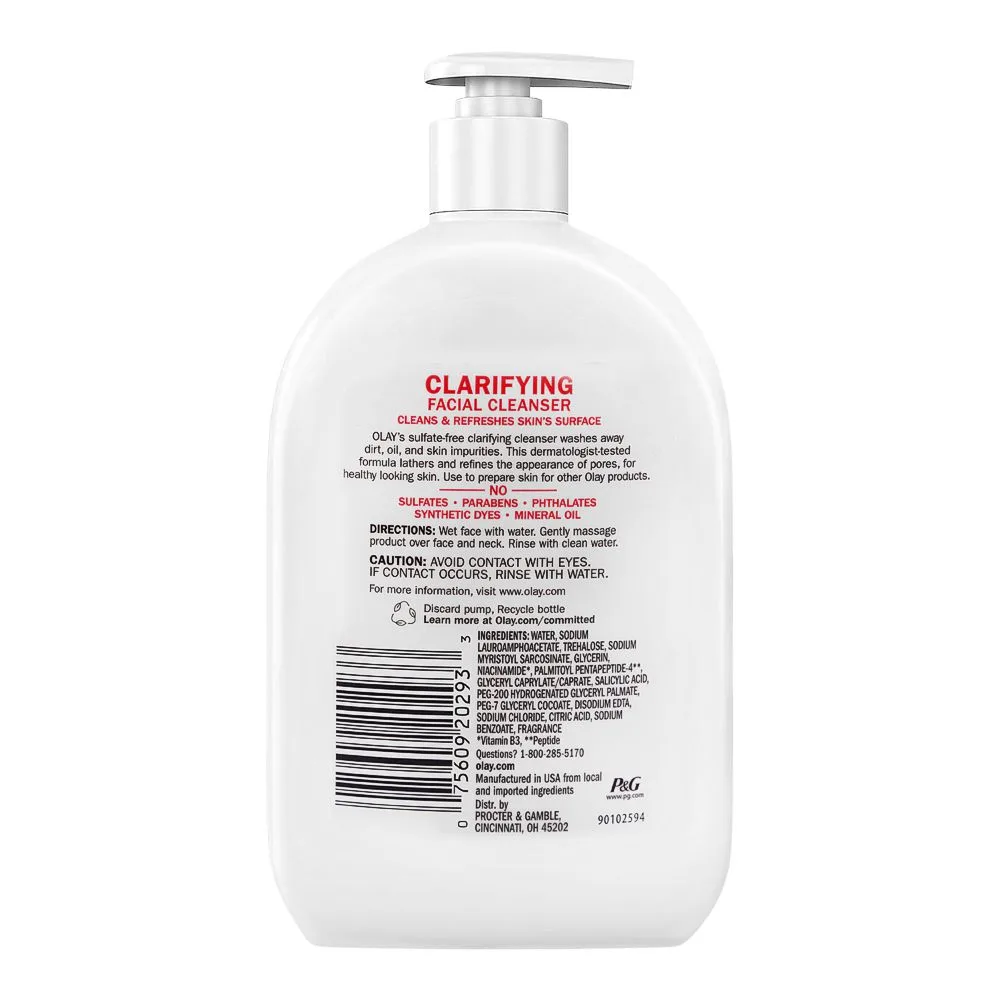 Side view of olay niacinamide + peptide 24 clarifying daily facial cleanser, sulfate free, 473ml