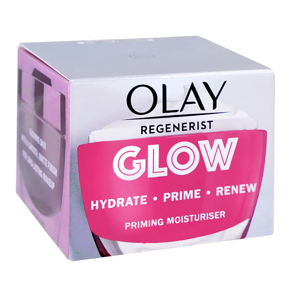 Side view of olay regenerist glow hydrating primer and day cream, for radiant skin, 50ml