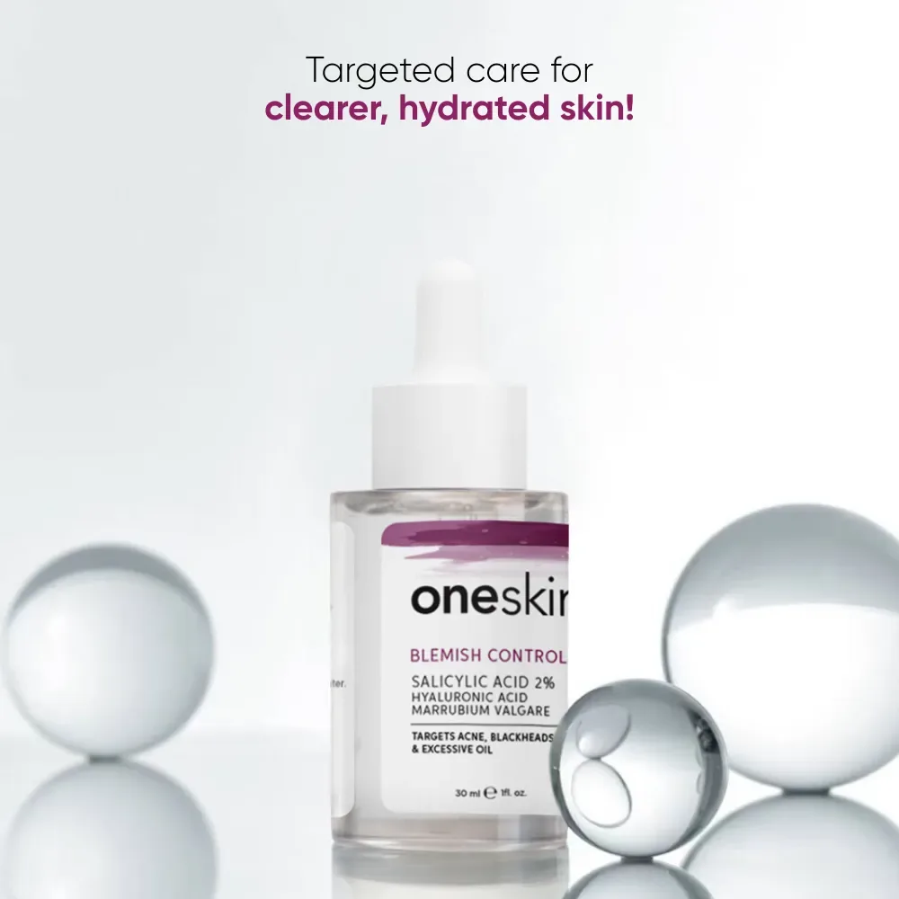 Side view of oneskin blemish control serum, salicylic acid 2% + marrubium valgare, no fragrance, for acne-prone skin, 30ml