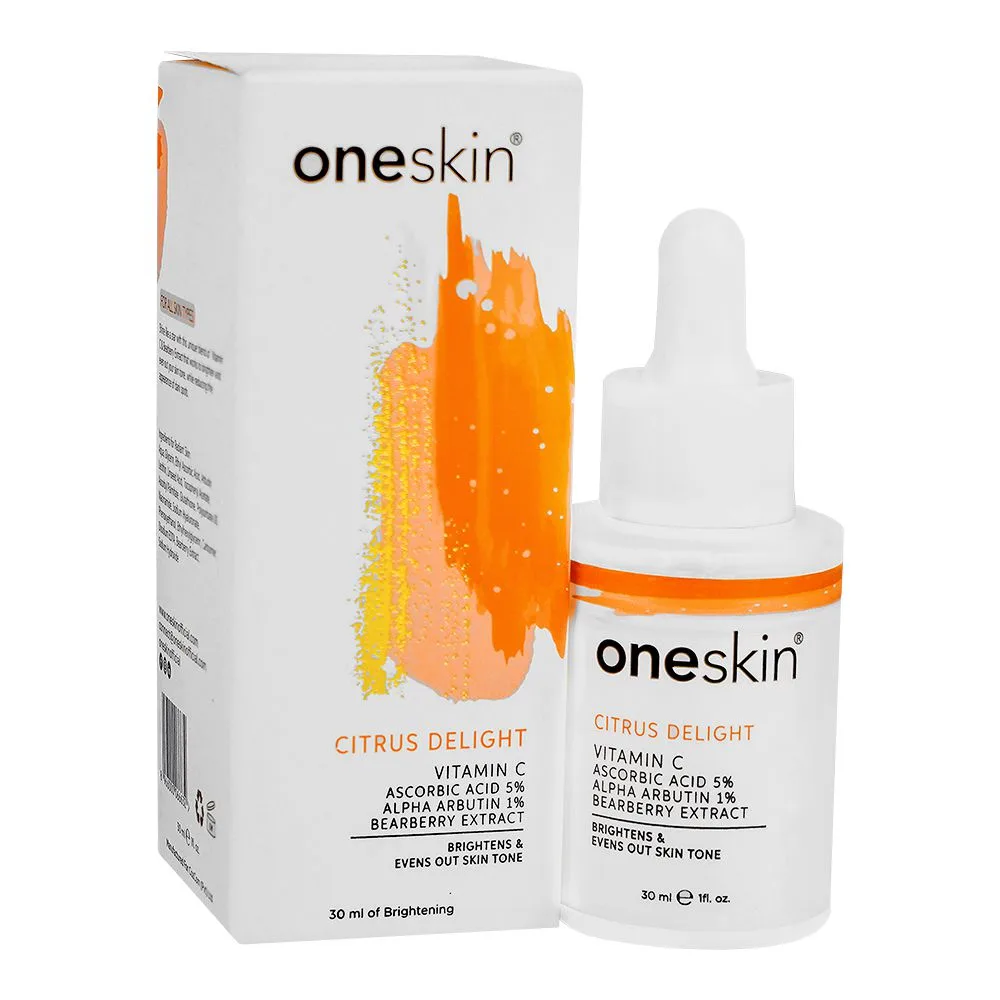 Close-up design of oneskin citrus delight serum with vitamin c 5%, alpha arbutin 1% & bearberry, 30ml