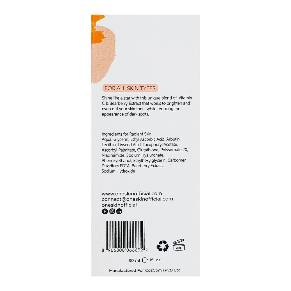 Front angle of oneskin citrus delight serum with vitamin c 5%, alpha arbutin 1% & bearberry, 30ml