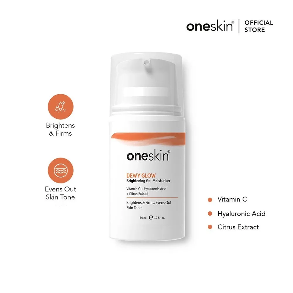 Side view of oneskin dewy glow brightening gel moisturizer with vitamin c, hyaluronic acid & citrus, 50ml