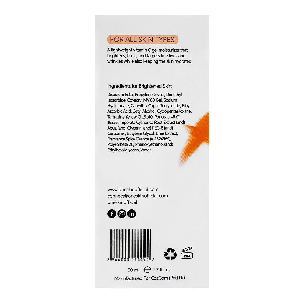 Close-up design of oneskin dewy glow brightening gel moisturizer with vitamin c, hyaluronic acid & citrus, 50ml