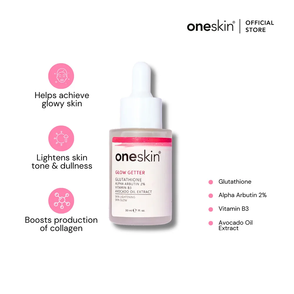 Side view of oneskin glow getter serum with glutathione, alpha arbutin 2%, vitamin b3 & avocado oil, 30ml
