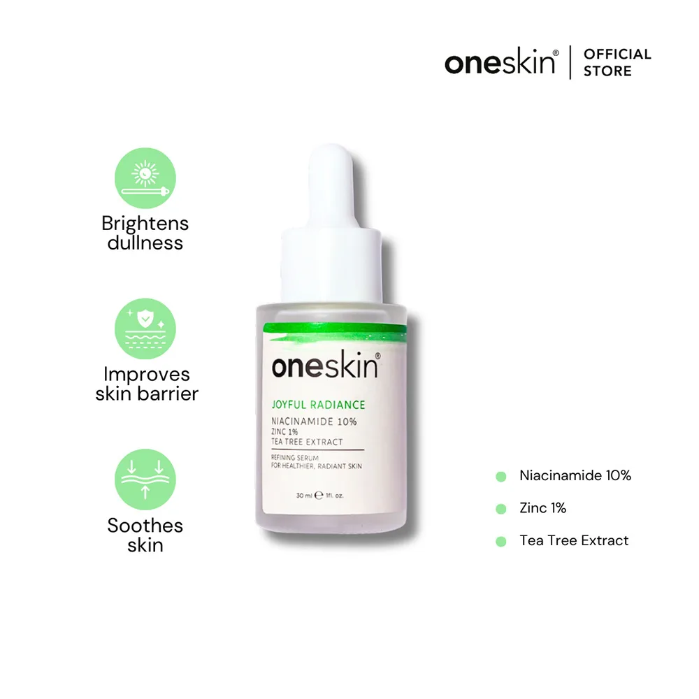Side view of oneskin joyful radiance serum with niacinamide 10%, zinc 1% & tea tree, 30ml