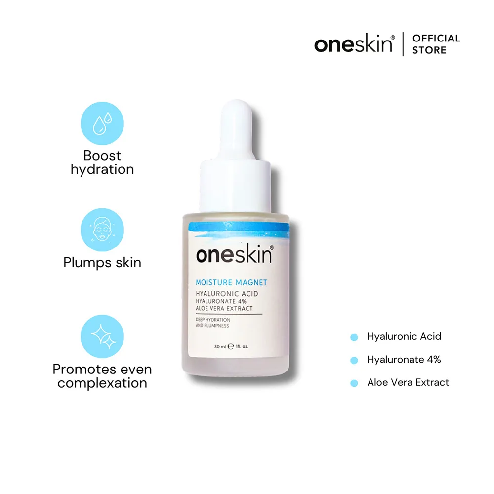 Side view of oneskin moisture magnet serum with hyaluronic acid 4% & aloe vera, 30ml