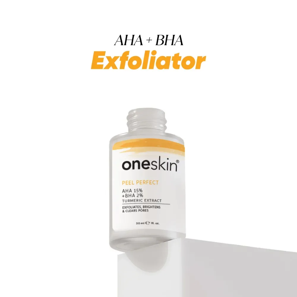 Oneskin Peel Perfect Serum, AHA 15% + BHA 2% + Turmeric Extract, Paraben, Alcohol & Sulfate Free, For Acne-Prone Skin, 30ml
