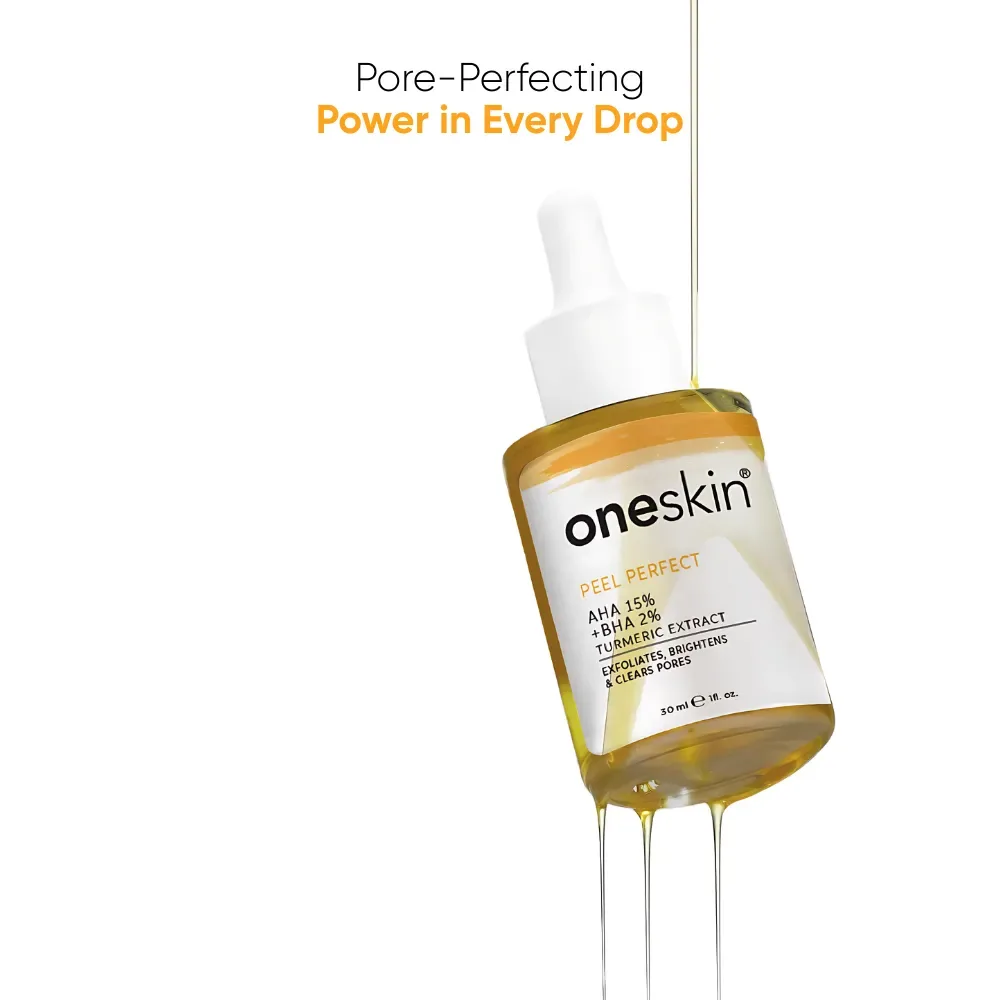Side view of oneskin peel perfect serum, aha 15% + bha 2% + turmeric extract, paraben, alcohol & sulfate free, for acne-prone skin, 30ml