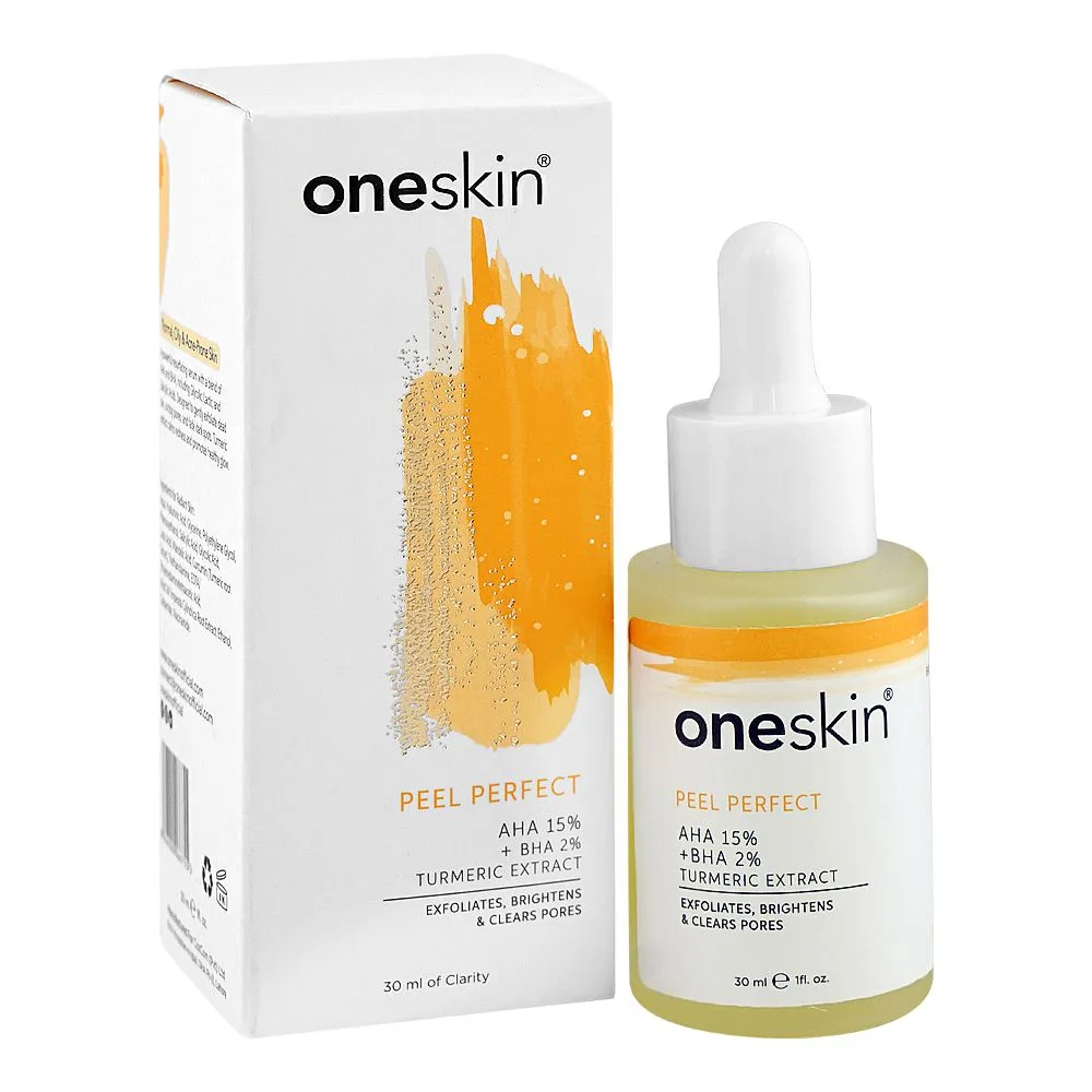 Front angle of oneskin peel perfect serum, aha 15% + bha 2% + turmeric extract, paraben, alcohol & sulfate free, for acne-prone skin, 30ml