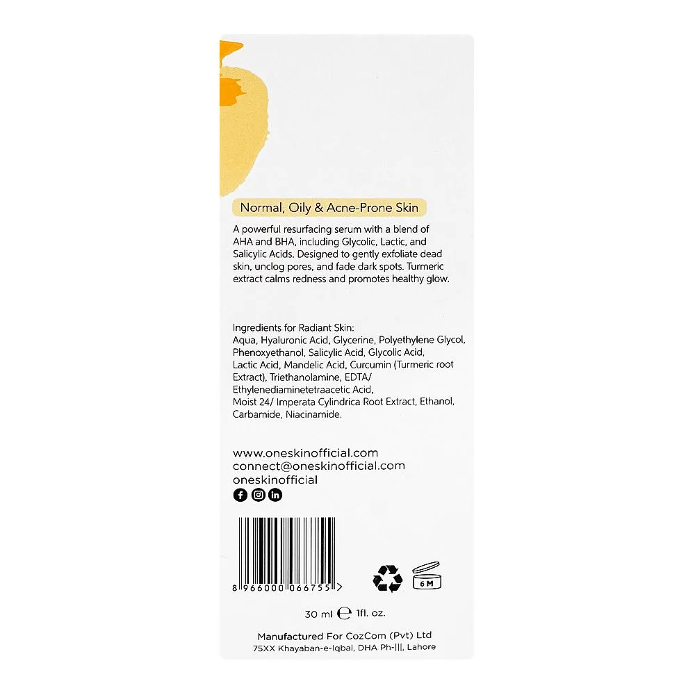 Oneskin Peel Perfect Serum, AHA 15% + BHA 2% + Turmeric Extract, Paraben, Alcohol & Sulfate Free, For Acne-Prone Skin, 30ml detail image 9