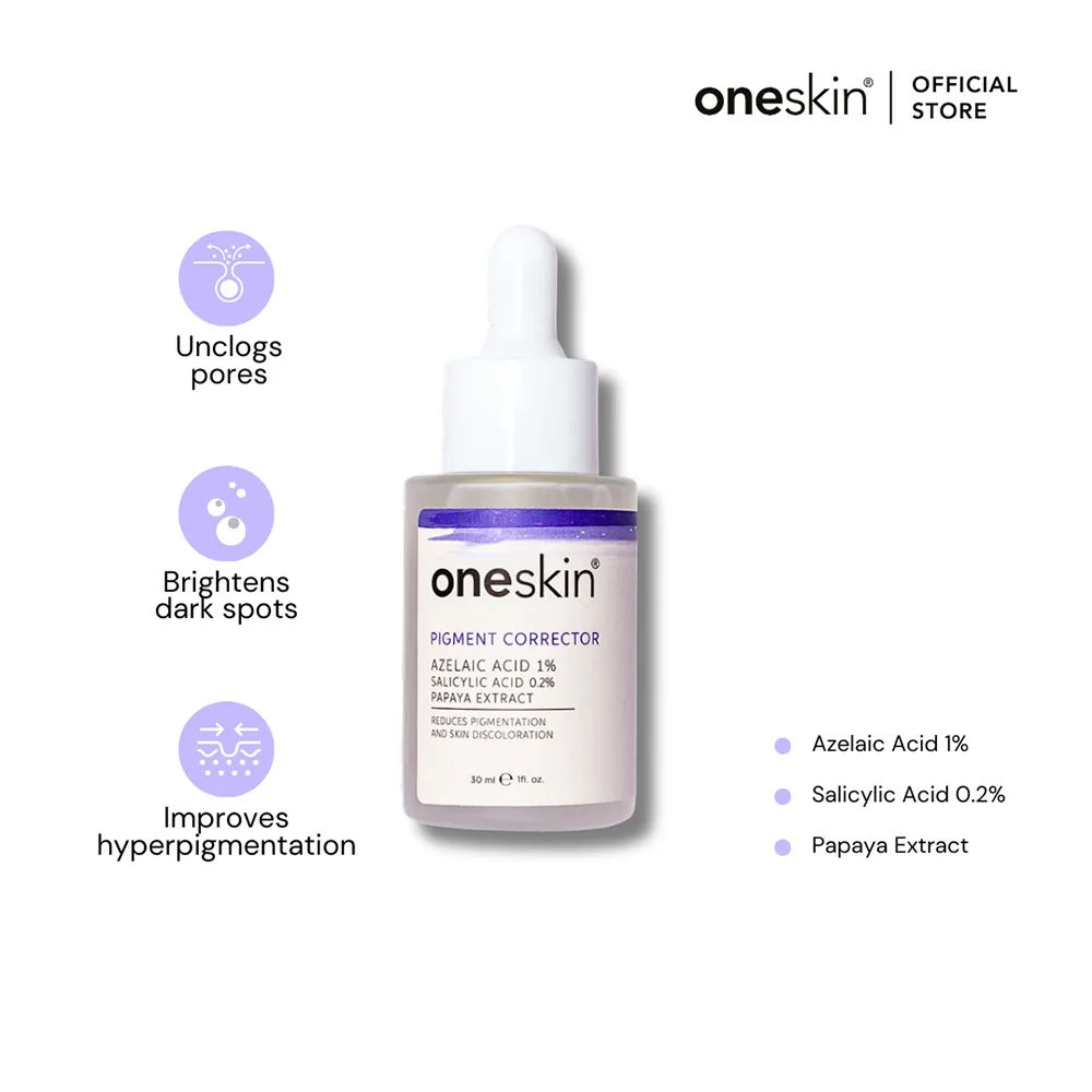 Side view of oneskin pigment corrector serum with azelaic acid 1%, salicylic acid 0.2% & papaya extract, 30ml