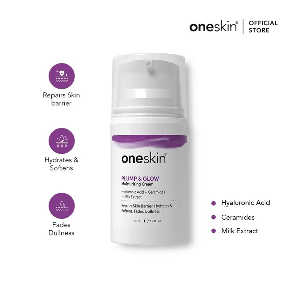 Side view of oneskin plump and glow moisturizing cream with hyaluronic acid, ceramides & milk, 50ml