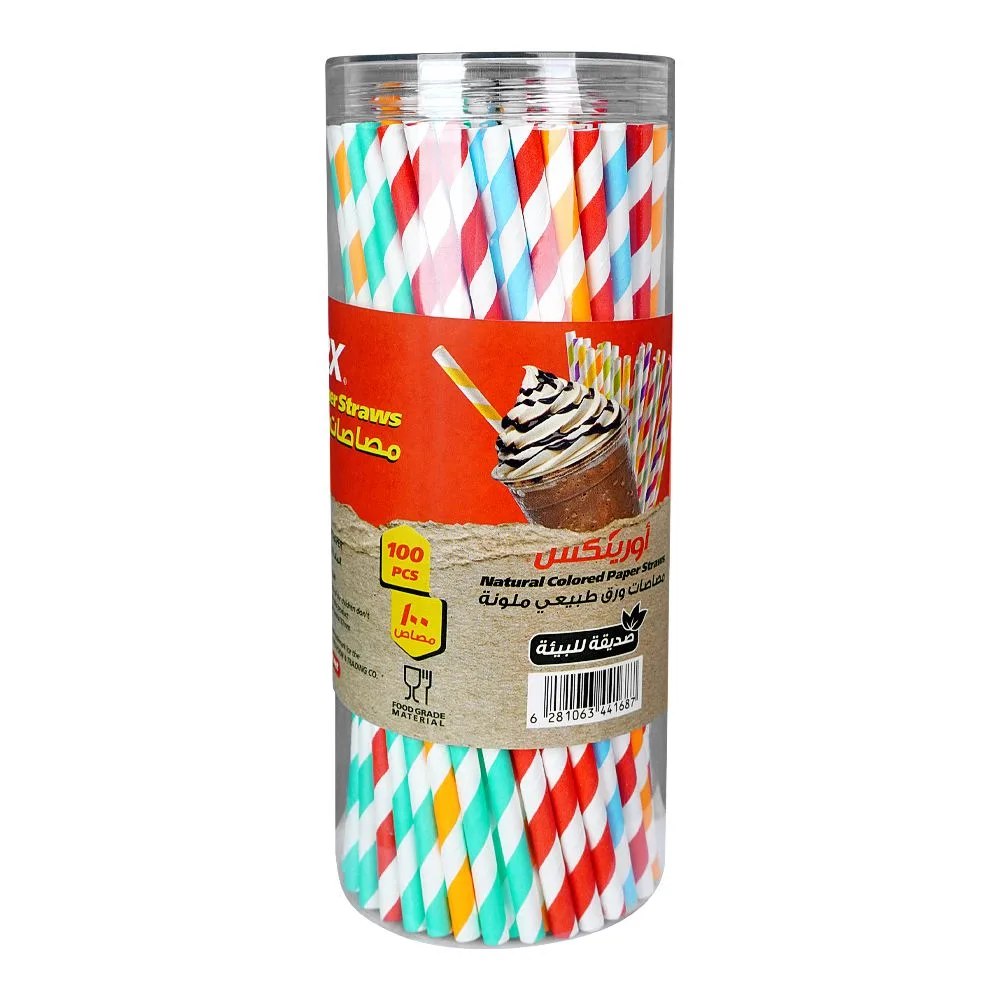 Side view of orinex natural colored paper straws, 100-pack