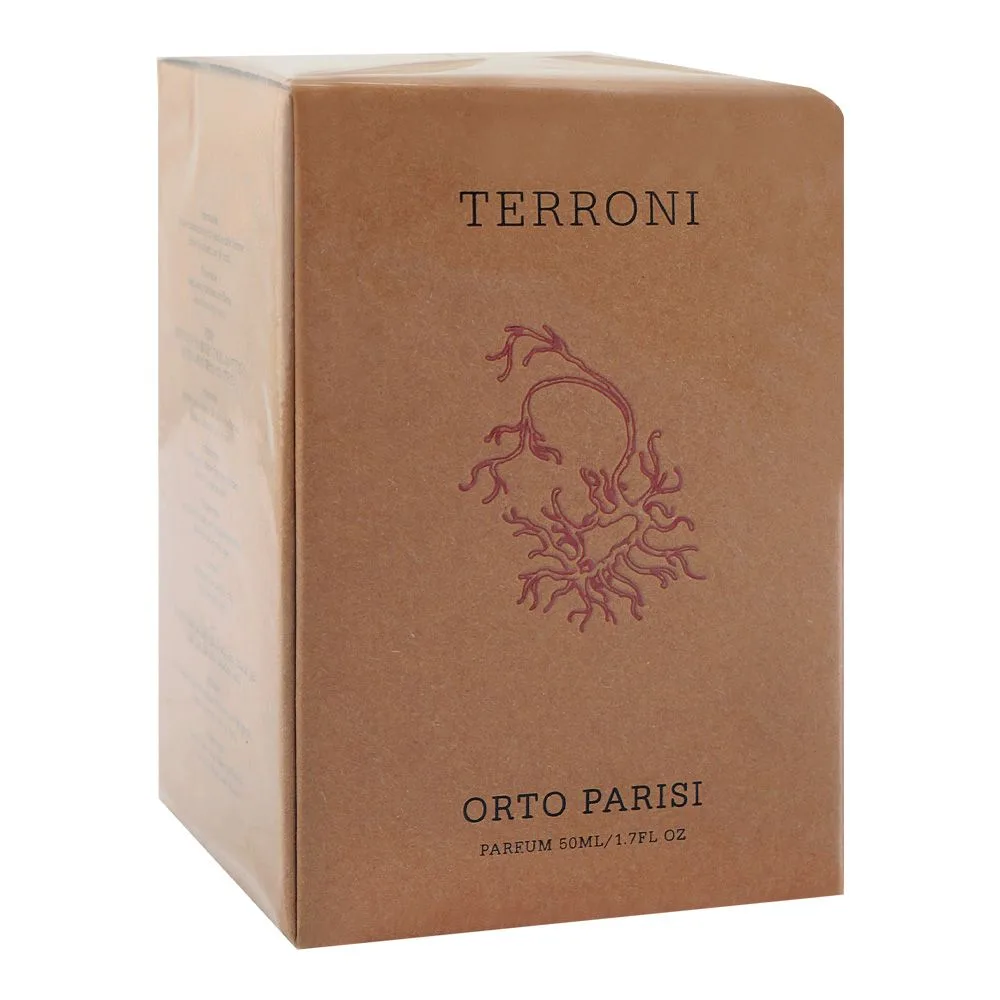 Side view of orto parisi terroni parfum, for men & women, 50ml