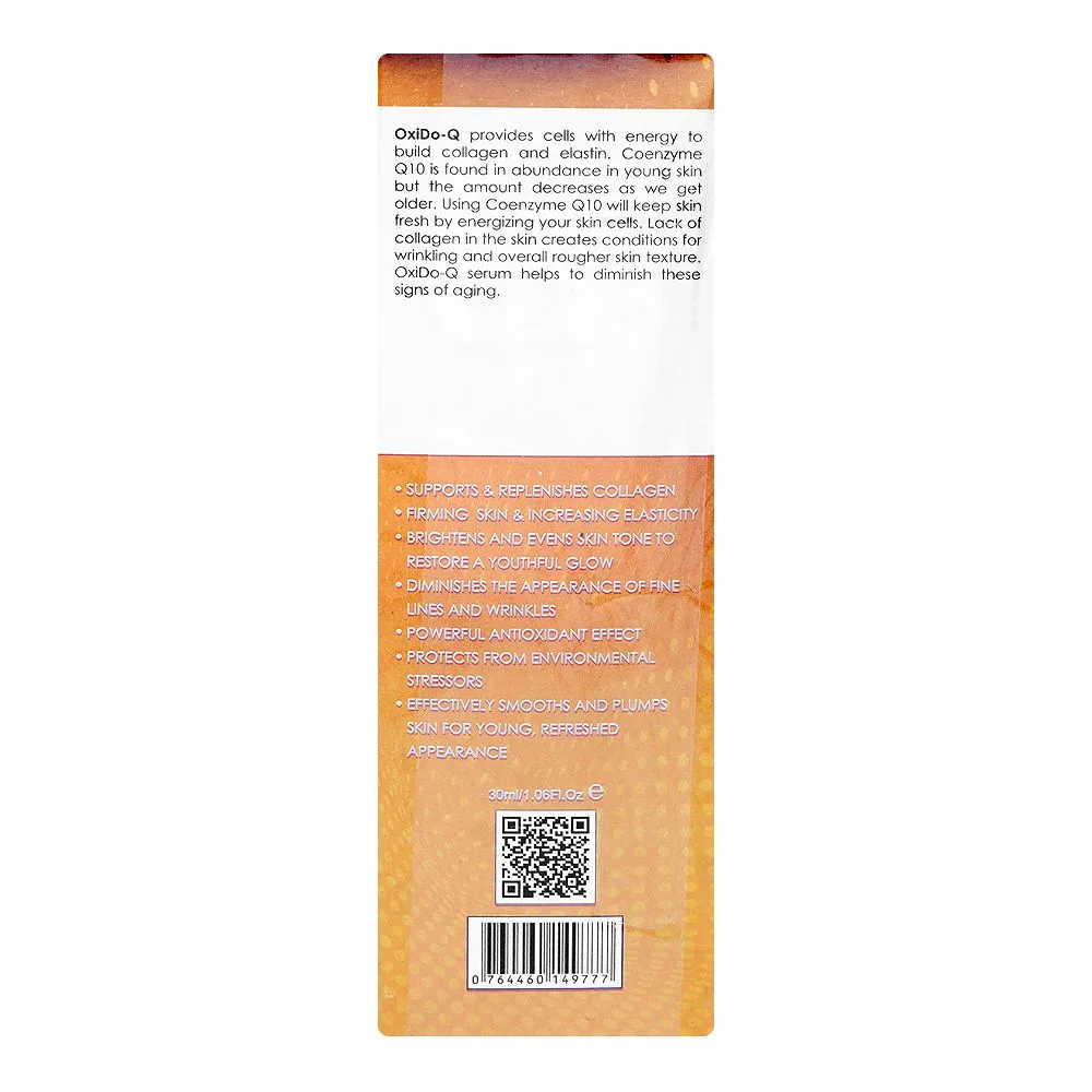 Side view of oxido-q anti-aging/anti-wrinkle coenzyme q10 serum, matrixyl 3000, hyaluronic acid, for all skin types, 30ml