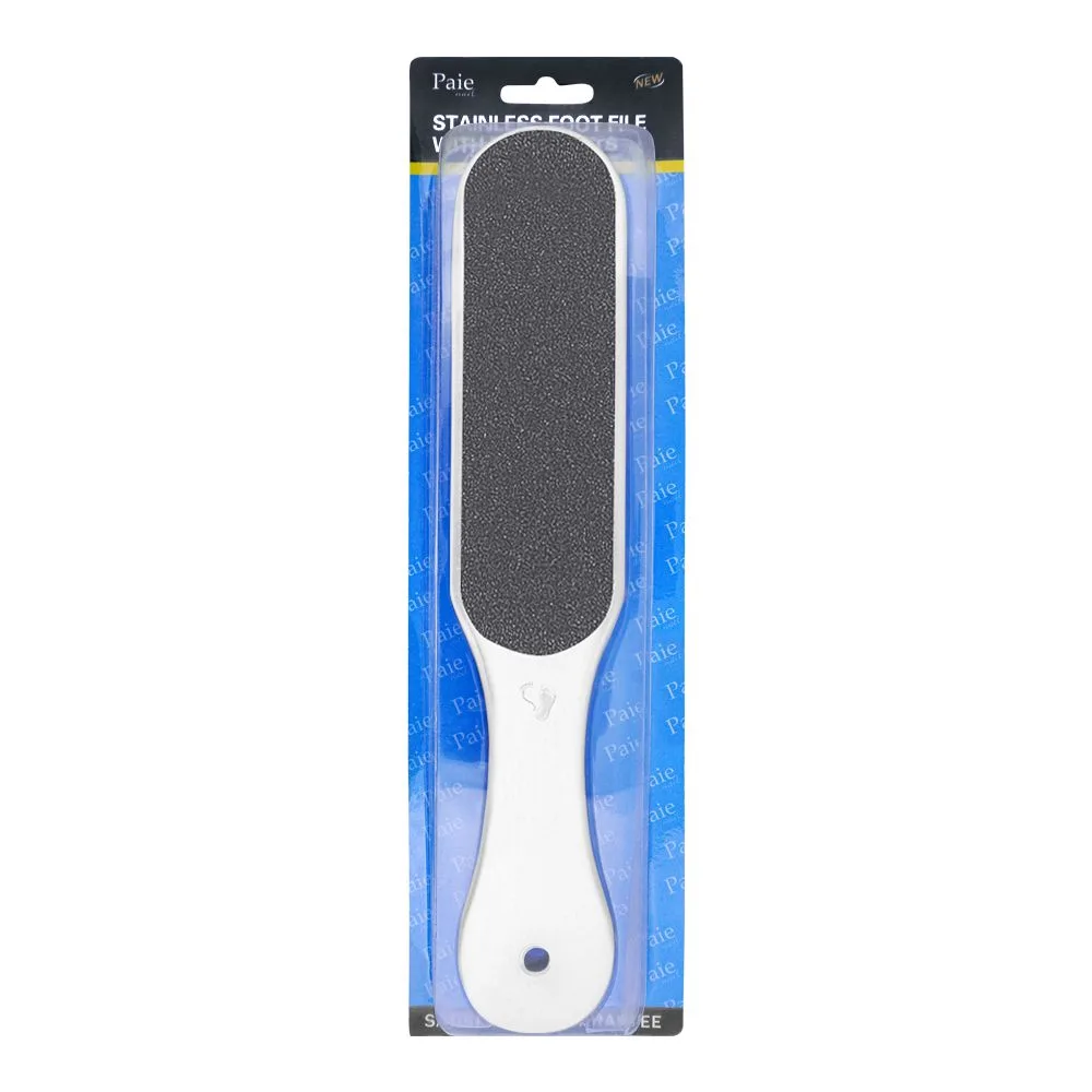 Side view of paie nail stainless steel wide handle foot filer with refill grits, 10-pack