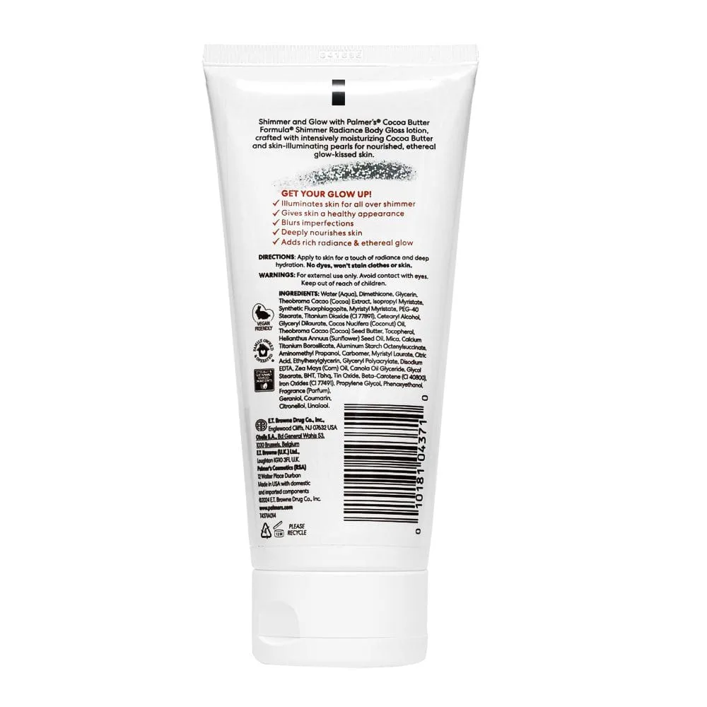 Side view of palmer's cocoa butter formula shimmer radiance gloss body lotion, vitamin e, 155ml
