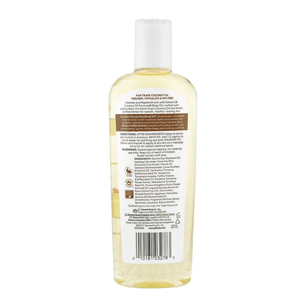Side view of palmer's hydrate replenish body oil with vitamin e, for bath, body & shower, 250ml