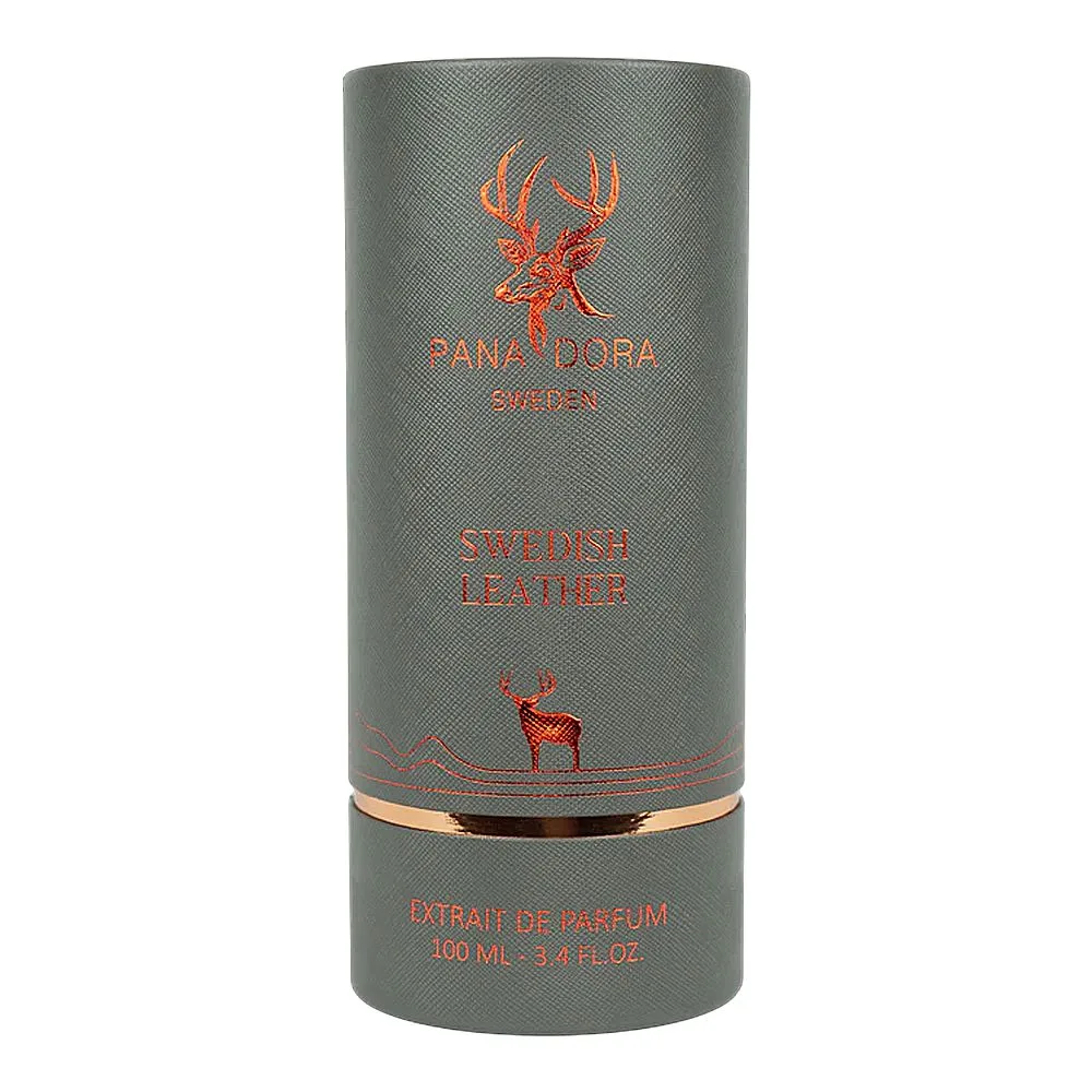 Side view of pana dora sweden swedish leather extrait, eau de parfum, for men & women, 100ml