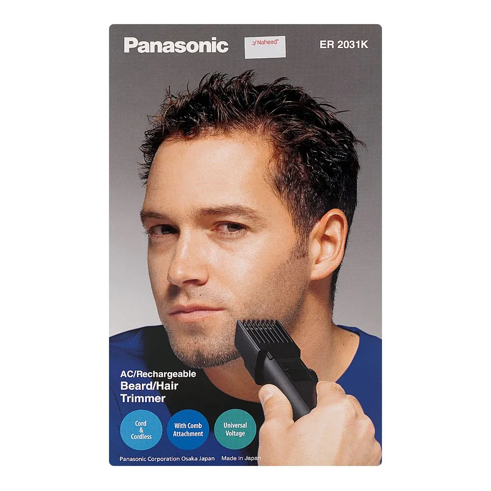 Close-up design of panasonic ac/rechargeable beard/hair trimmer, 40 minutes run time, 100-240v, er-2031k