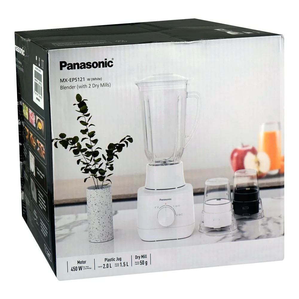 Side view of panasonic blender with 2 dry mills, 450w, 2 liters, white, mx-ep5121