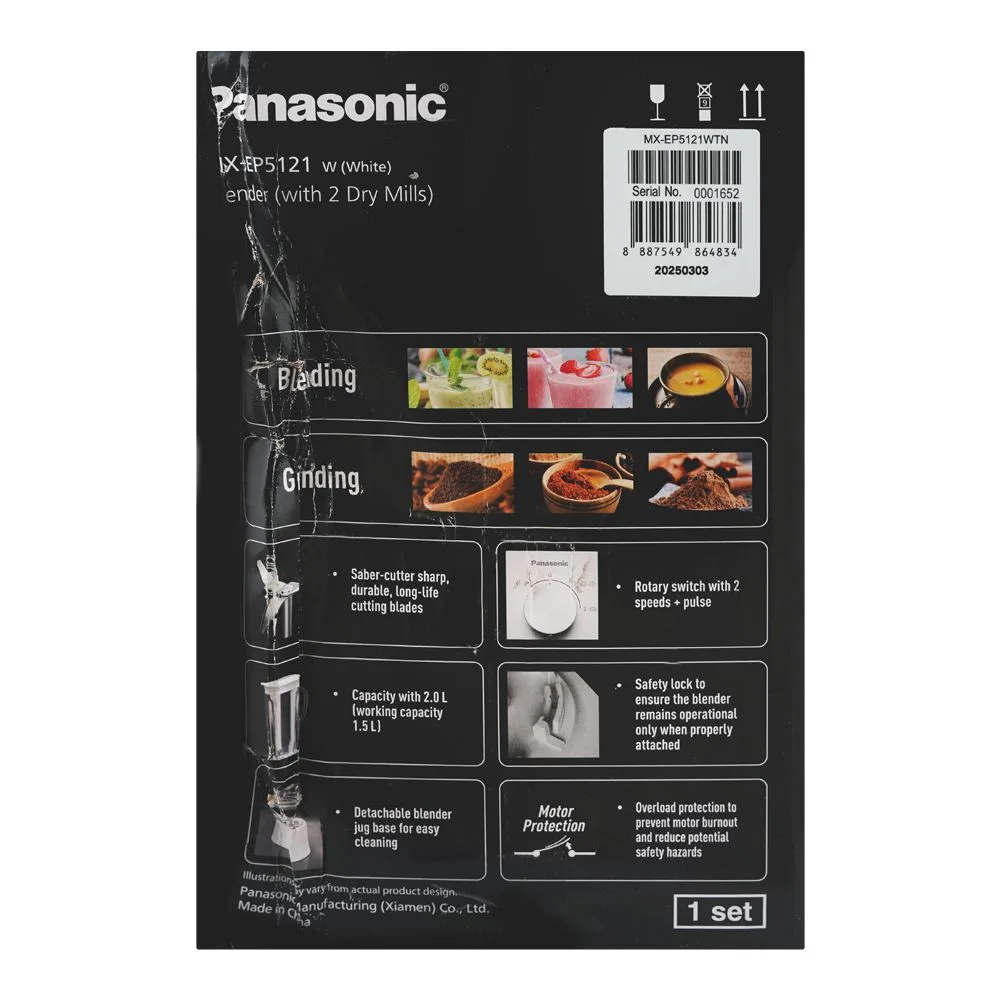 Comfortable casual panasonic blender with 2 dry mills, 450w, 2 liters, white, mx-ep5121