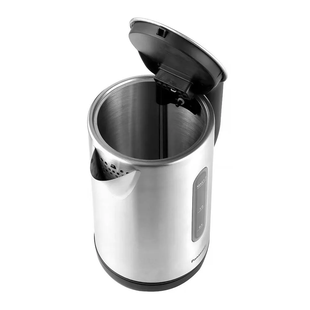 Side view of panasonic electric kettle, 1.7l, silver, nc-k301