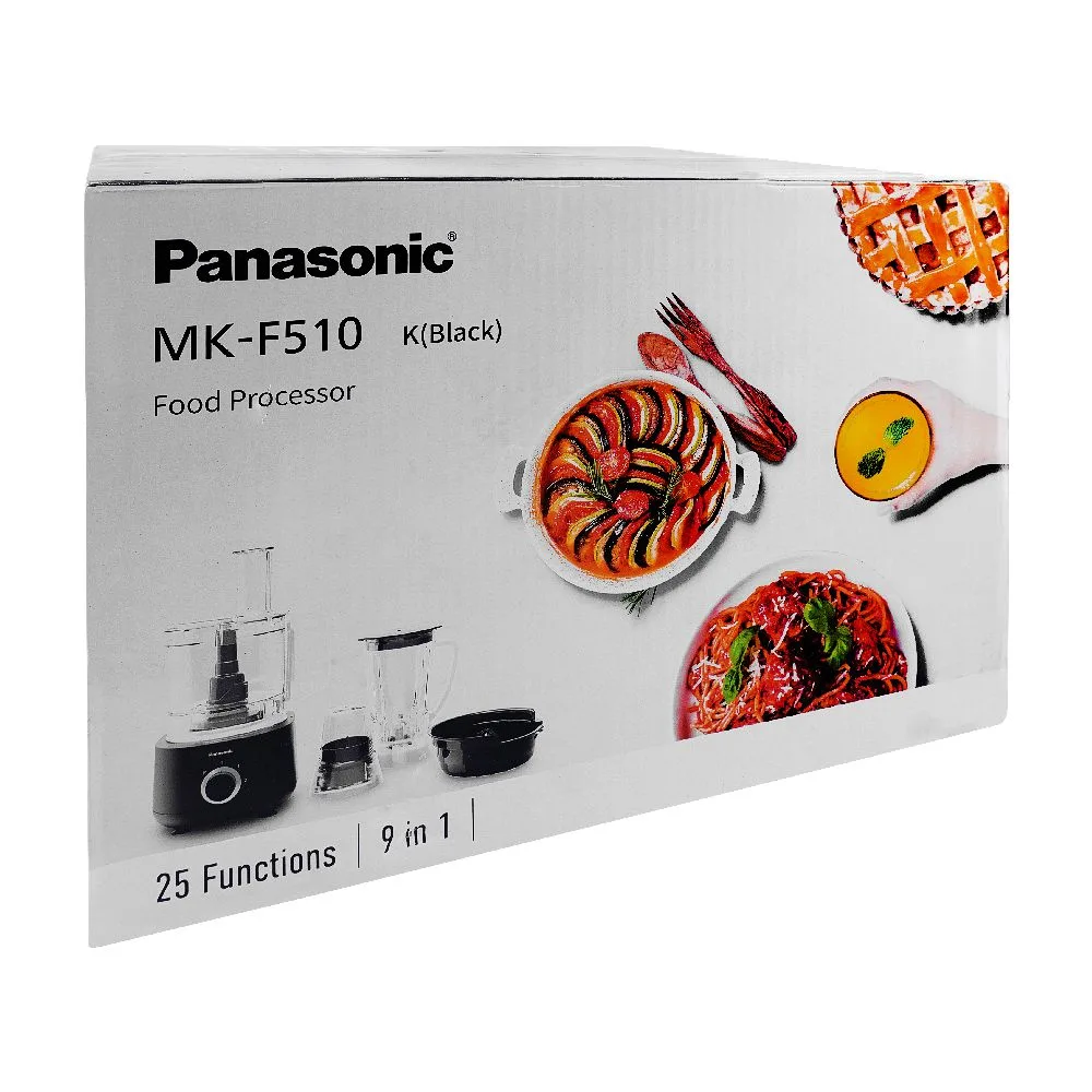 Side view of panasonic food processor 9-in-1, 800w, k-black, mk-f510ktz
