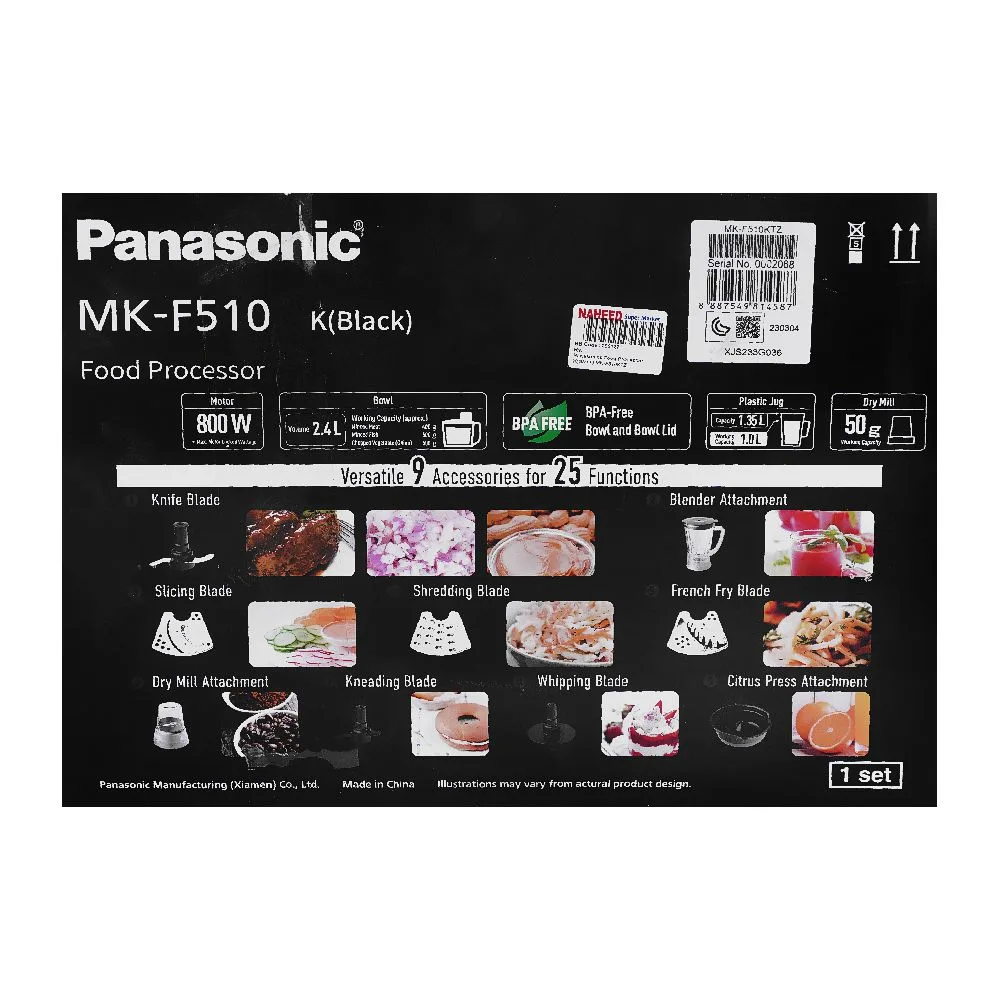 Close-up design of panasonic food processor 9-in-1, 800w, k-black, mk-f510ktz