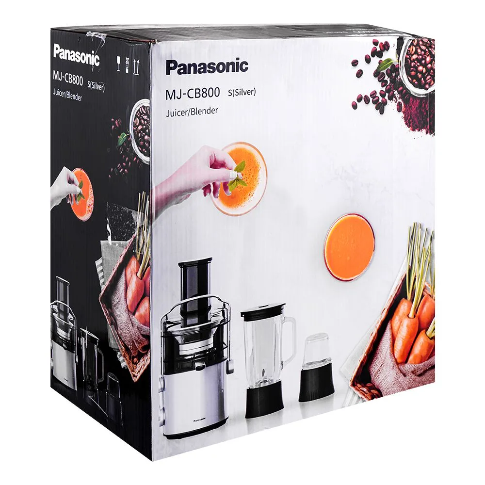 Side view of panasonic juicer/blender, 1000w, s(silver) mj-cb800stn