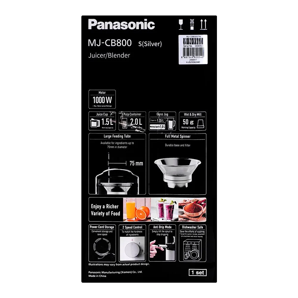 Close-up design of panasonic juicer/blender, 1000w, s(silver) mj-cb800stn