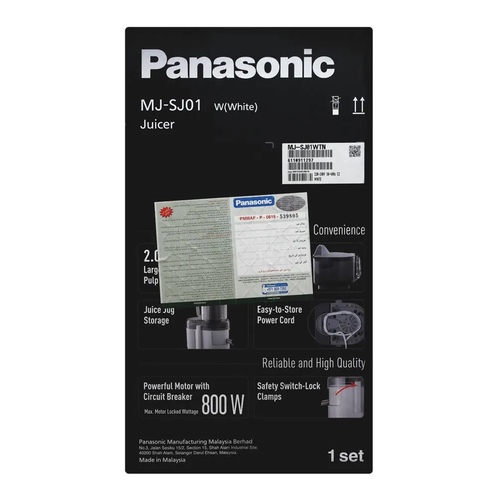 Close-up design of panasonic juicer, white, 800w, sj-01