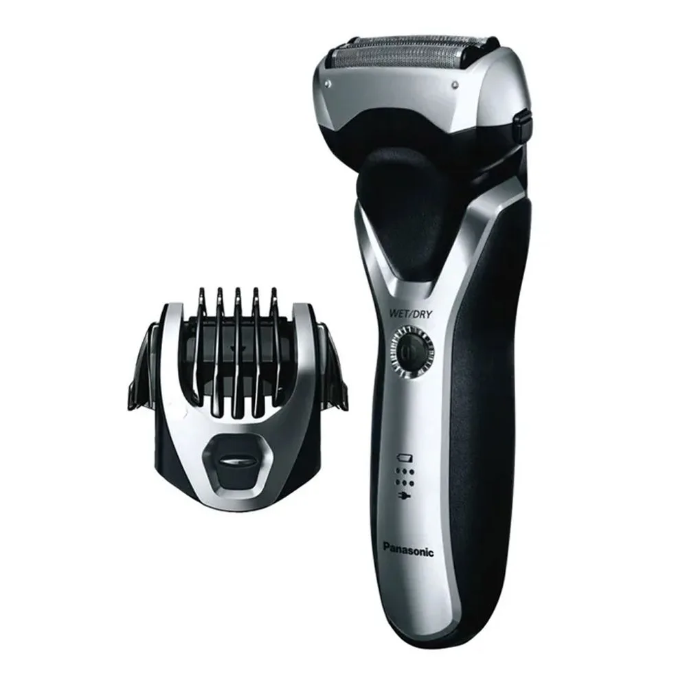 Side view of panasonic wet & dry 3-blade washable shaver, 220-240v, 54 minutes runtime, es-rt47-s.