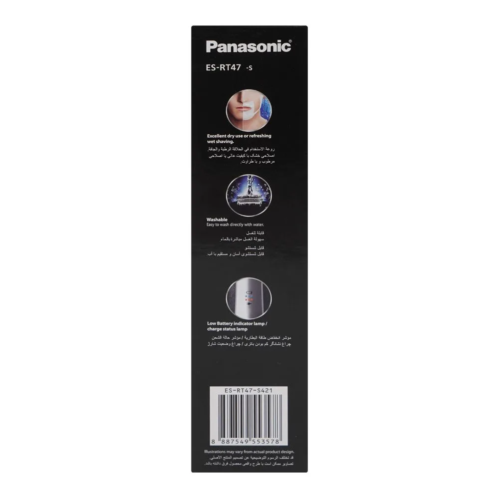 Close-up design of panasonic wet & dry 3-blade washable shaver, 220-240v, 54 minutes runtime, es-rt47-s.