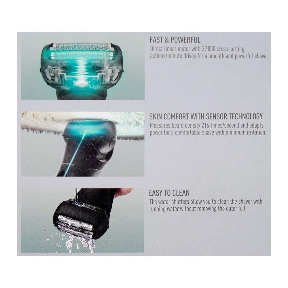 Close-up design of panasonic wet & dry rechargeable shaver, es-lt2b-k