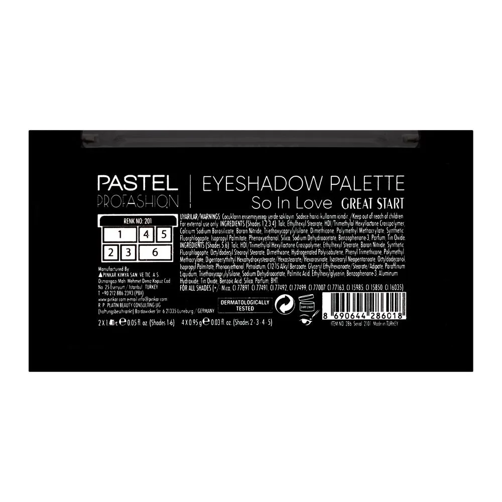 Pastel So In Love Eyeshadow Palette, 201 Great Start shades and color detail
