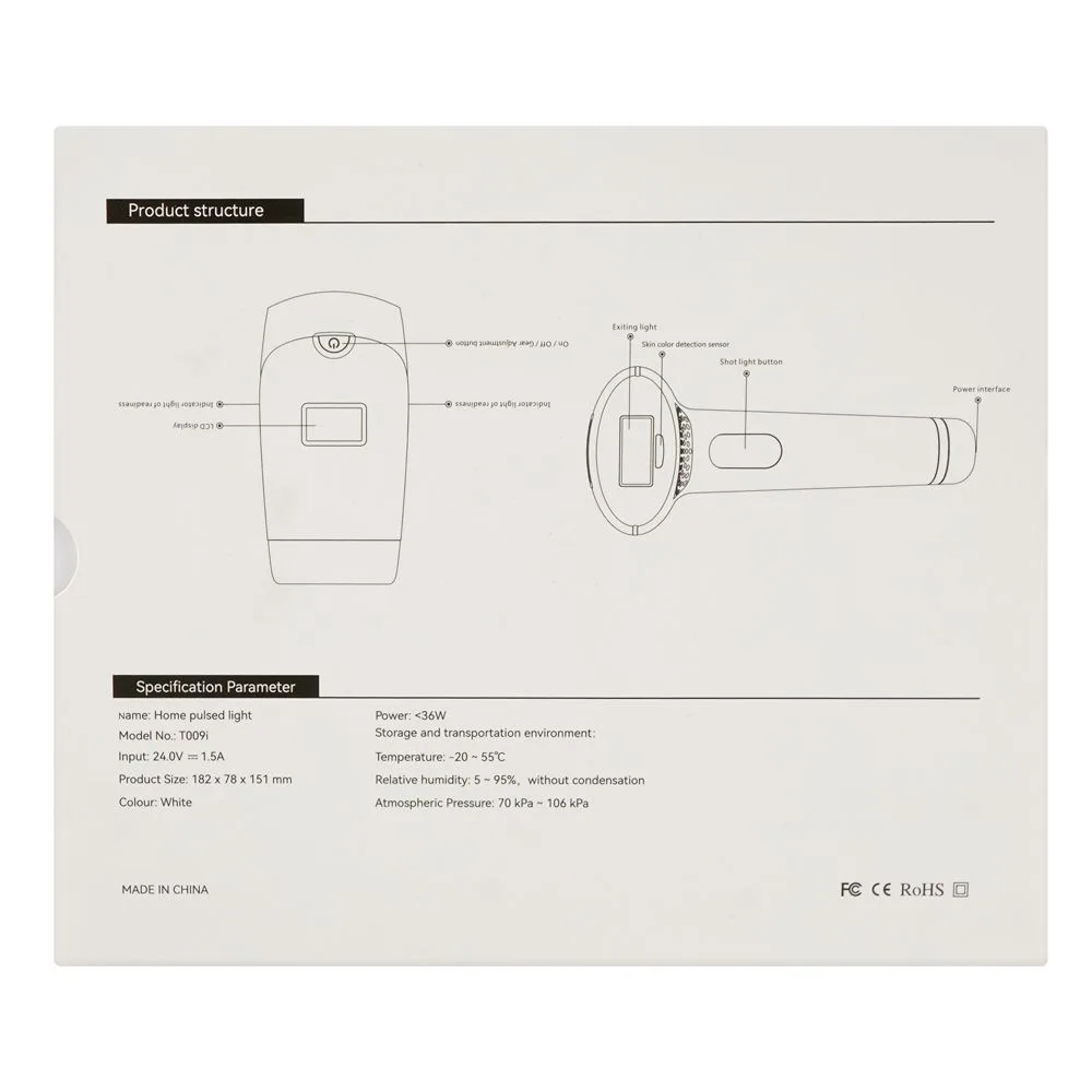 Close-up design of personal care home pulsed light professional hair removing device, 36w, 300,000 pulses, t009i