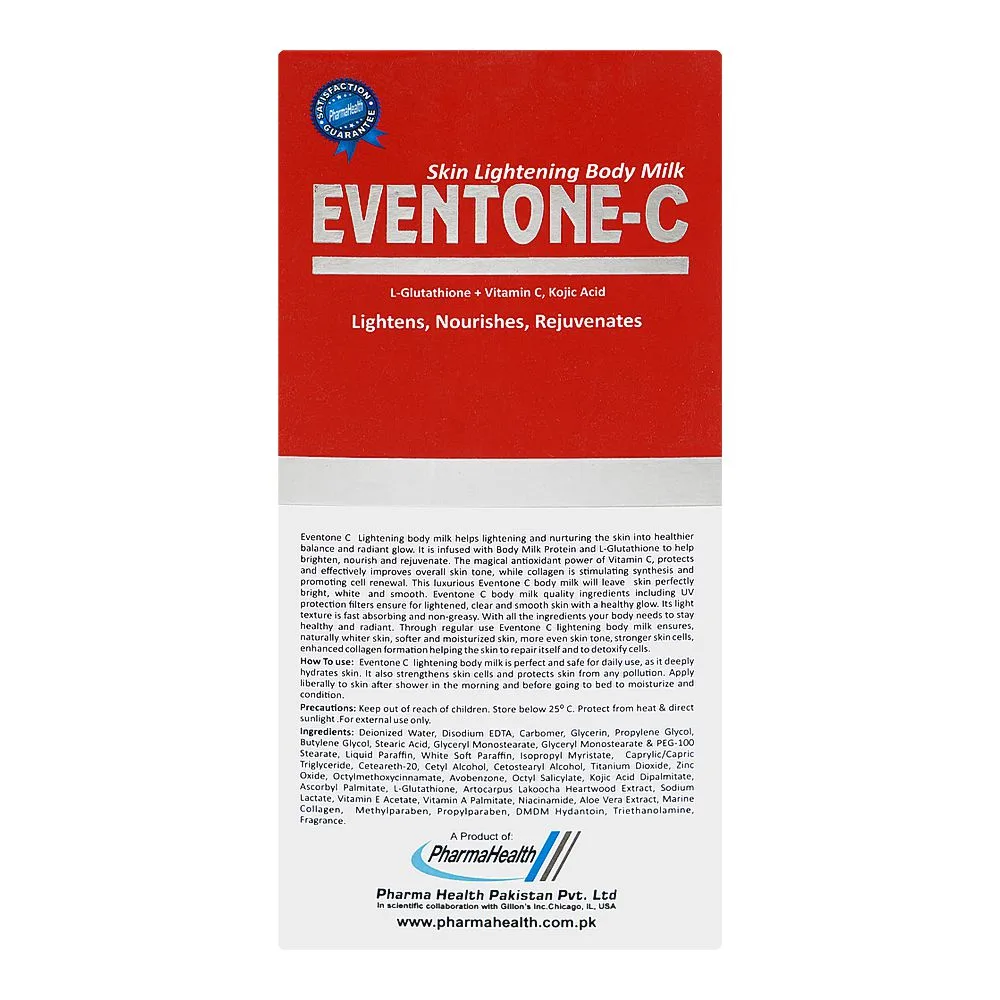 Side view of pharma health eventone-c skin lightening body milk lotion, spf-45, for dry, dull skin, 150ml