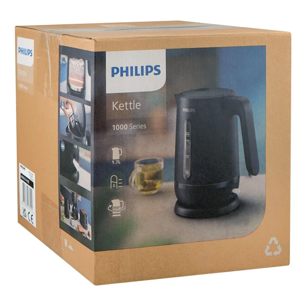 Side view of philips 1000 series kettle, 1.7 liter, 1850-2200w, 220-240v, hd-9314/90