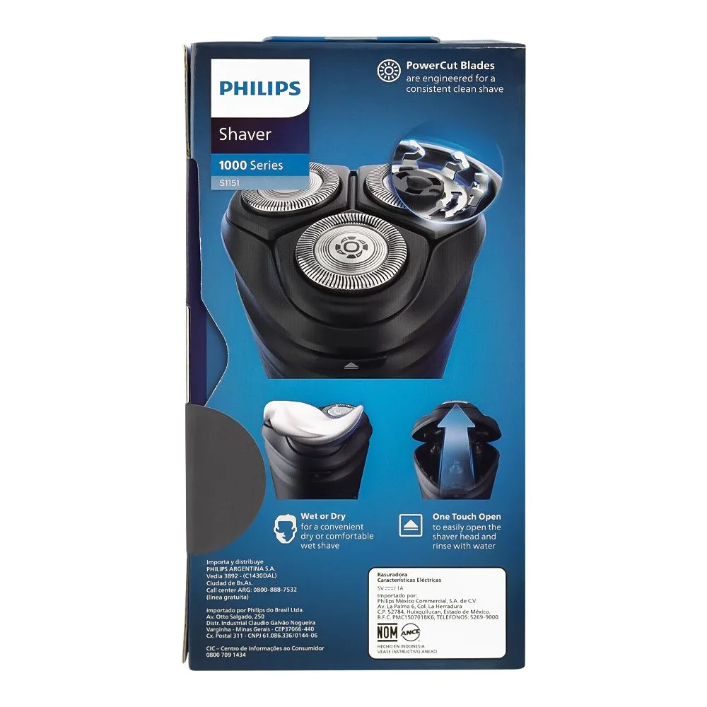Close-up design of philips 1000 series wet & dry electric shaver, s1151/00