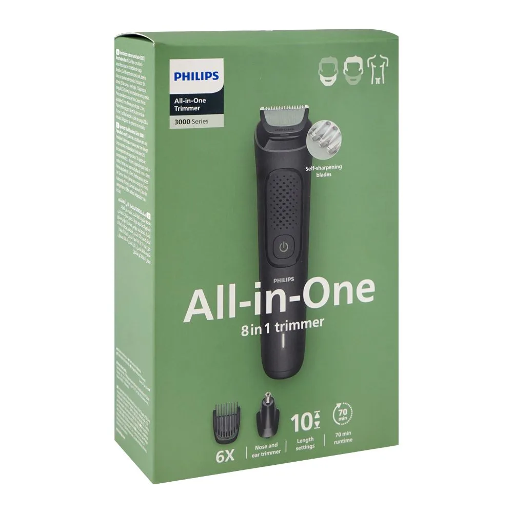 Side view of philips 3000 series 8 tools all in one trimmer, water resistant, 70 minutes runtime, mg3940/15