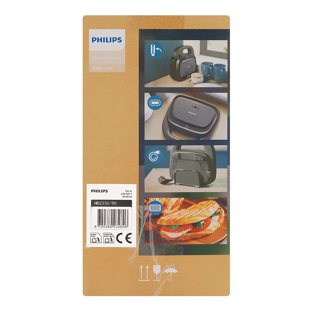 Close-up design of philips 3000 series sandwich maker, 750w, 220-240v, hd2330/90